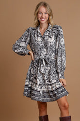 Umgee Full Size Two Tone Floral Border Print Tie Waist Mini Dress Plus Size Black OutfitFlow